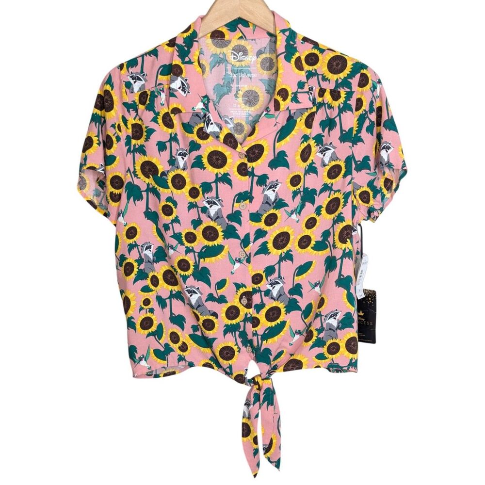 NWT Our Universe Disney Pocahontas Lg Meeko Flit Sunflower Tie-Front Woven Top